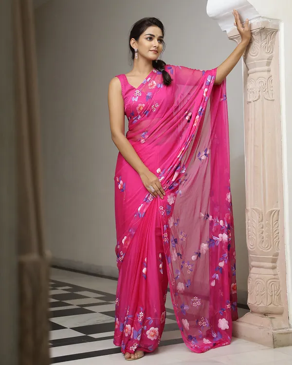 Magenta_Floral_H_Painted_Chiffon_Saree_For_Women